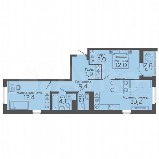 2-к. квартира, 65,5 м², 3/15 эт.
