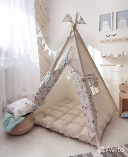 Вигвам палатка детская «Молочный с зверятами»