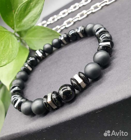 Мужской черный браслет из агата и стали
