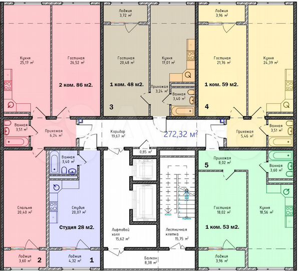1-к. квартира, 43 м², 6/8 эт.