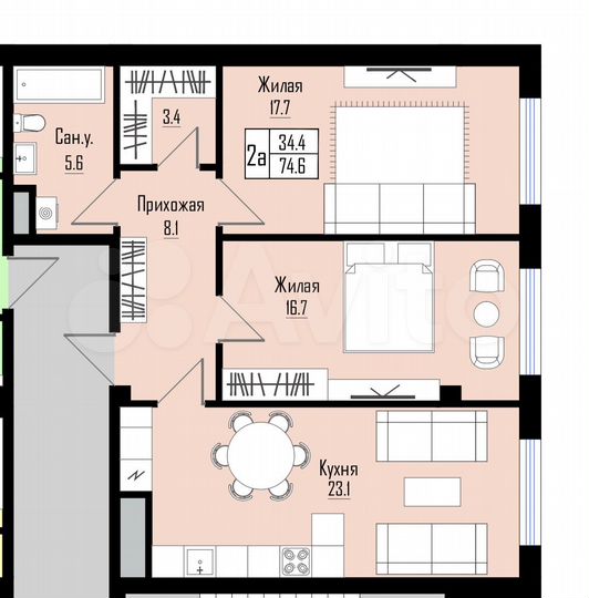 2-к. квартира, 74 м², 10/12 эт.