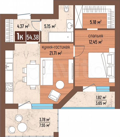 1-к. квартира, 54,4 м², 3/5 эт.