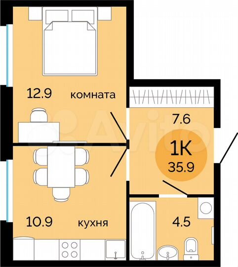 1-к. квартира, 35,9 м², 2/14 эт.