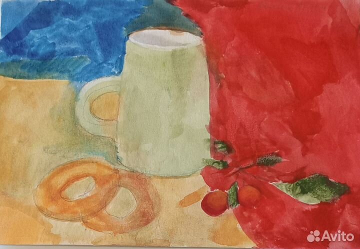 Натюрморт с бубликами и красной драпировкой