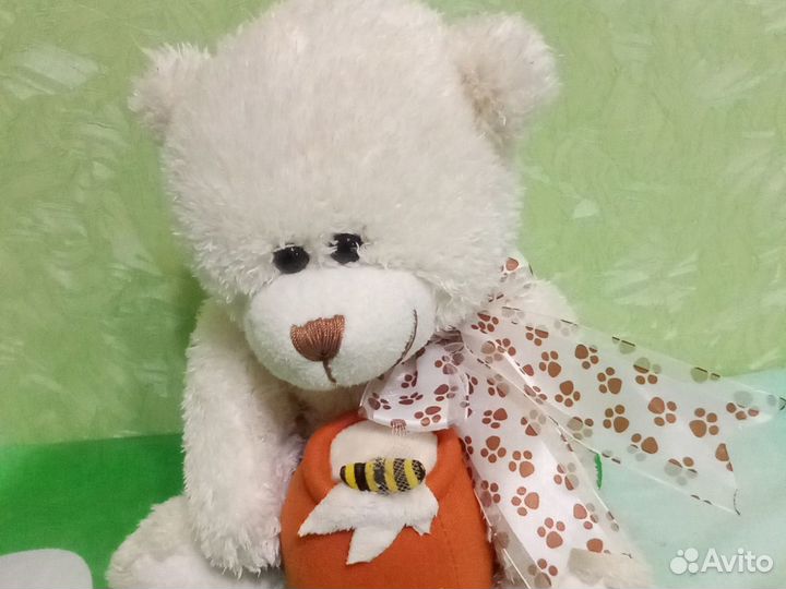 Плюшевый белый медведь мишка с медом игрушка