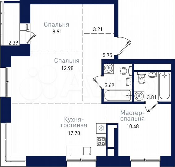 3-к. квартира, 68,9 м², 16/19 эт.
