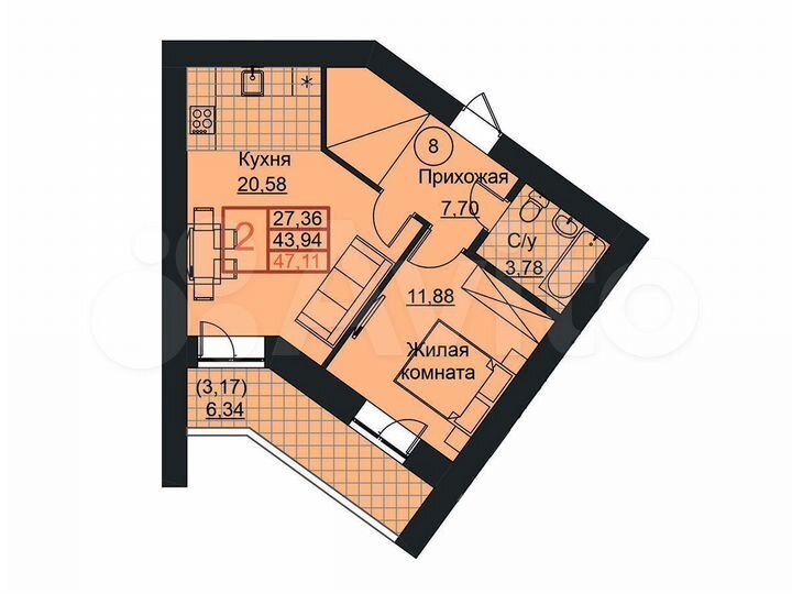 2-к. квартира, 47,1 м², 12/20 эт.