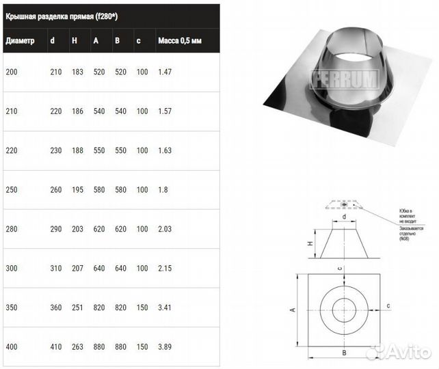 Крышная разделка ferrum прямая (430/0,5) Ф210