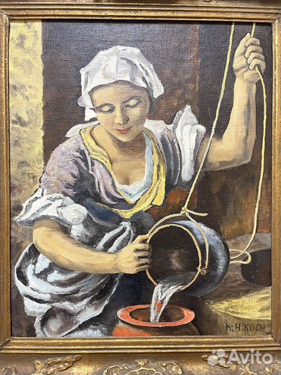 Винтажная картина «Девушка у колодца» холст, масло