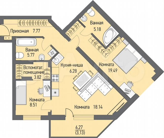 3-к. квартира, 76,8 м², 10/16 эт.