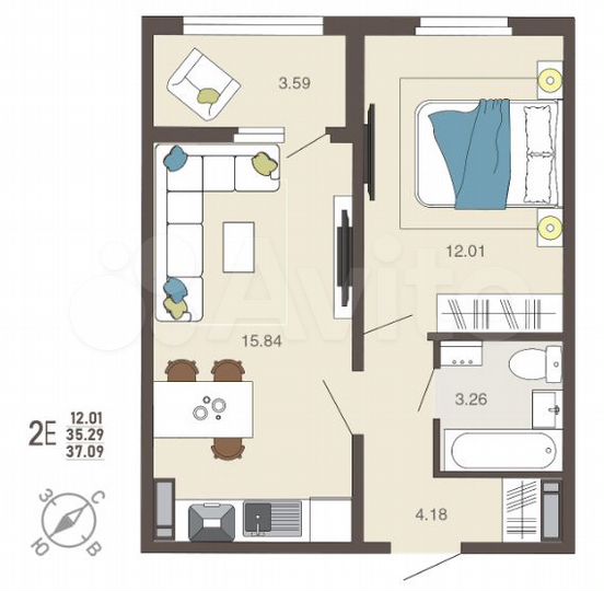1-к. квартира, 37,1 м², 3/18 эт.