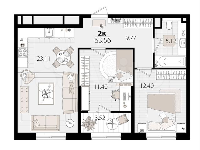 2-к. квартира, 63,1 м², 13/18 эт.