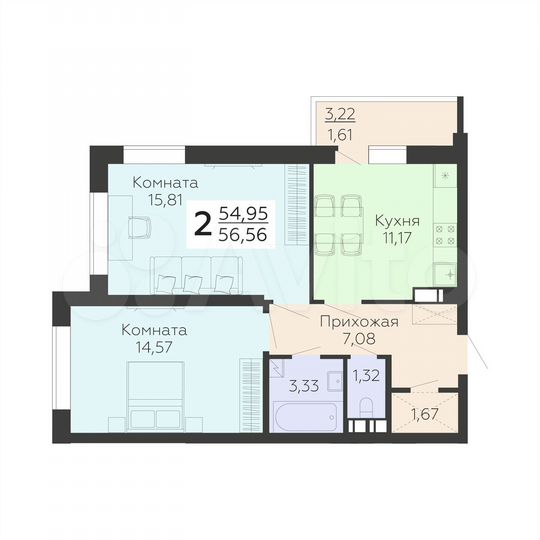 2-к. квартира, 56,6 м², 4/19 эт.
