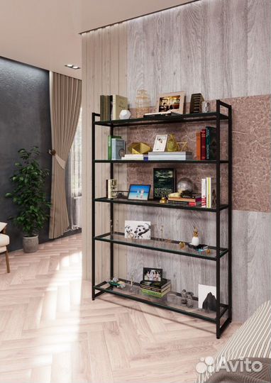 Стеллаж лофт пс-1712Ч со стеклянными полками