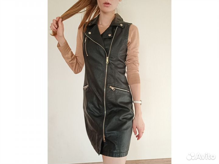 Платье кожаное мини чёрное XS сарафан из кожи 40