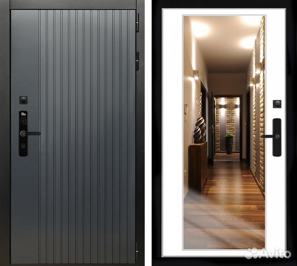 Дверь входная с код паролем и зеркалом Шторм грей