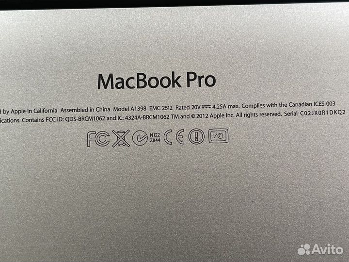 Macbook pro 15 2.6GHz, 8GB, 512GB retina A1398