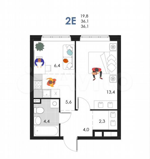 2-к. квартира, 36,1 м², 2/6 эт.
