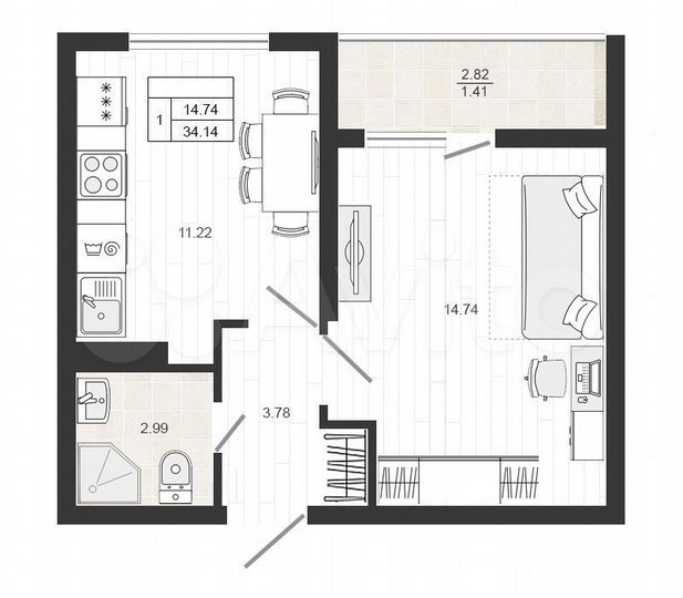 1-к. квартира, 34,1 м², 4/4 эт.