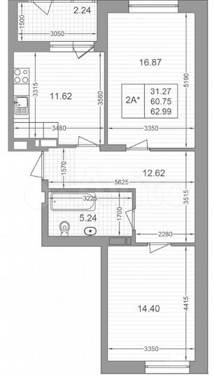2-к. квартира, 63 м², 9/17 эт.