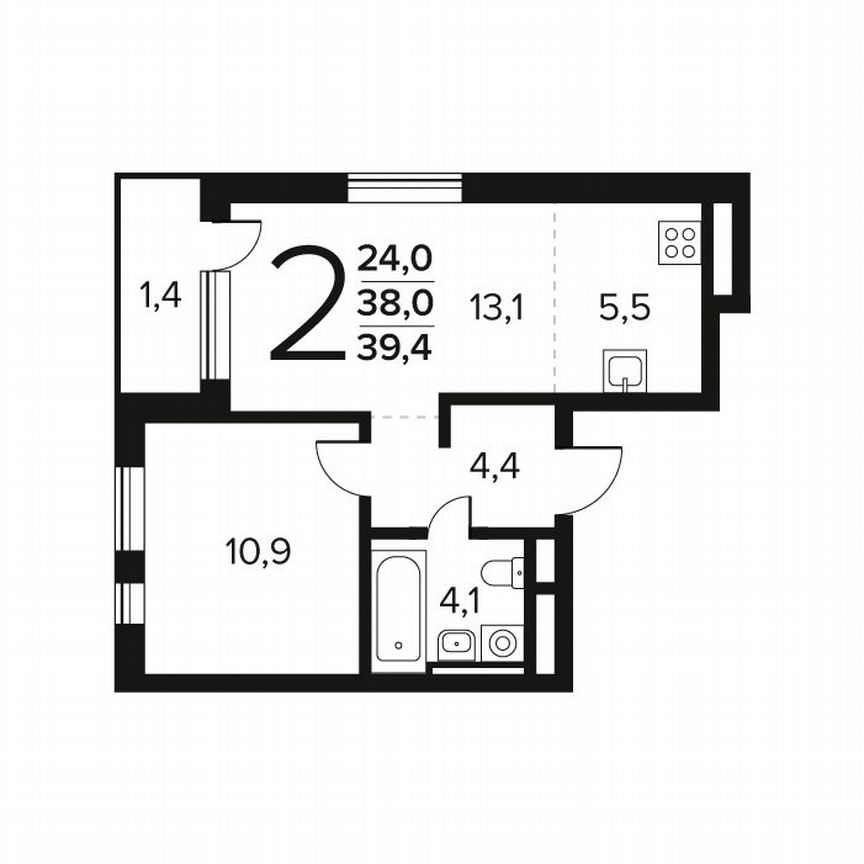 2-к. квартира, 39,4 м², 4/9 эт.