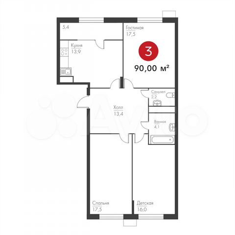 3-к. квартира, 90 м², 1/19 эт.