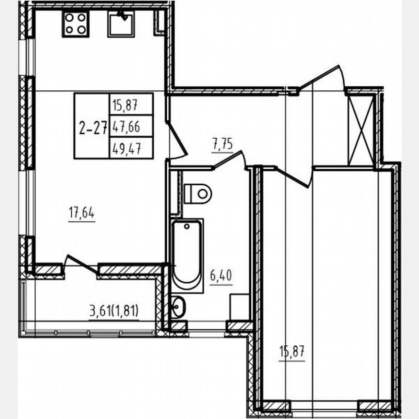 1-к. квартира, 47,7 м², 1/4 эт.