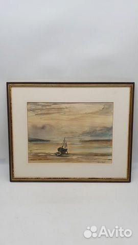 Антикварная картина акварель Морской пейзаж