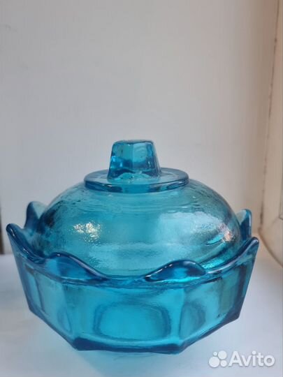 Сахарница голубое стекло СССР, винтаж