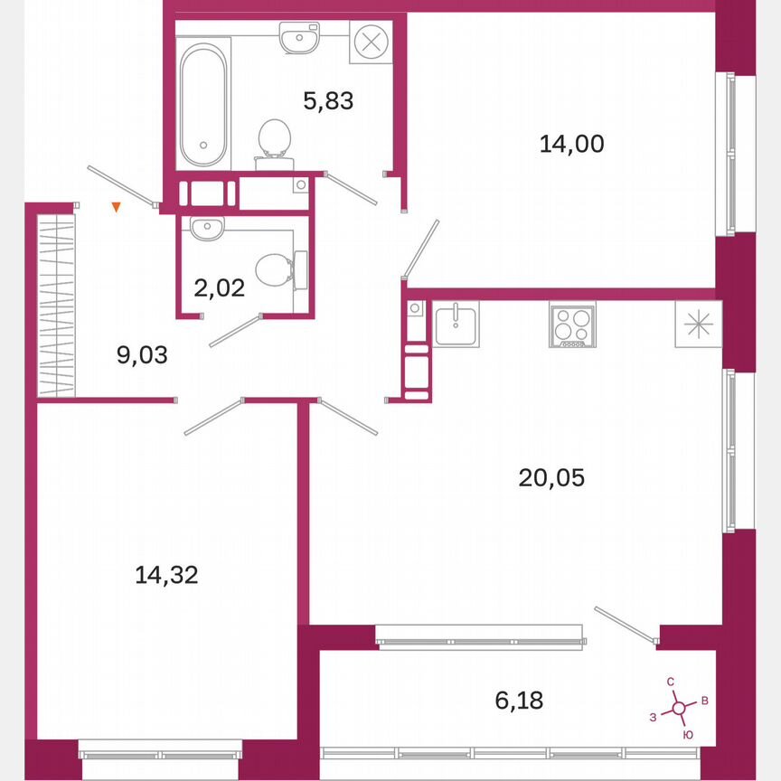 2-к. квартира, 68,3 м², 6/10 эт.