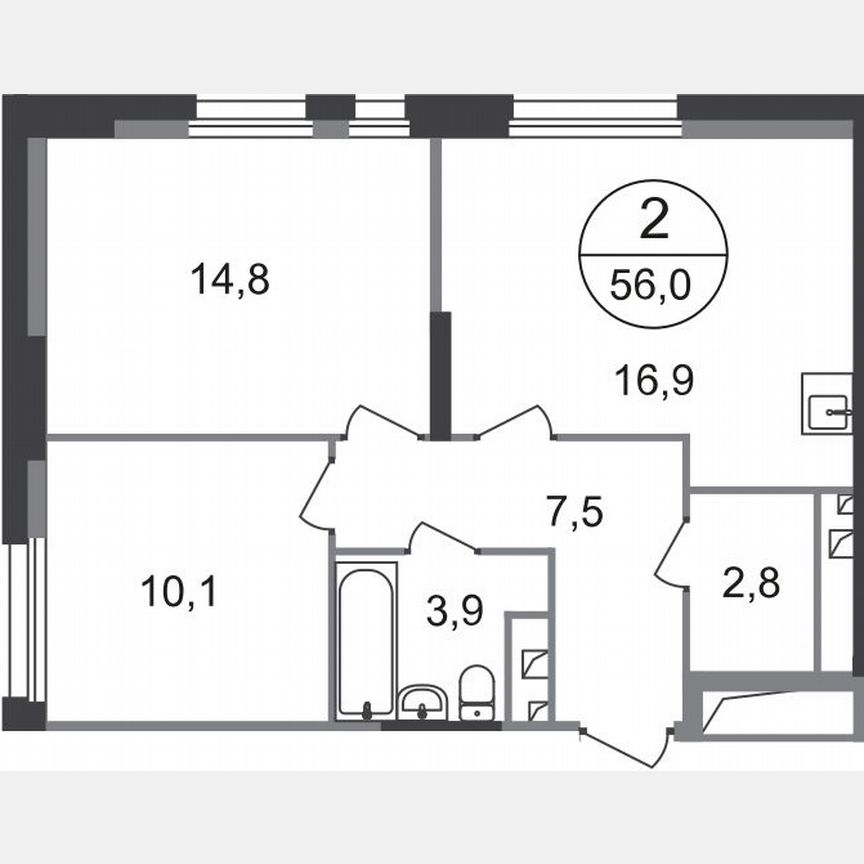 2-к. квартира, 56 м², 12/19 эт.