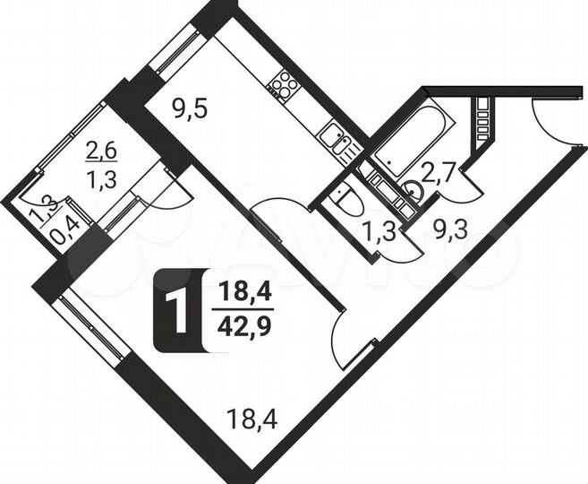 1-к. квартира, 42,9 м², 13/17 эт.