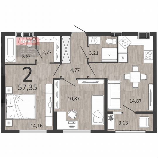 2-к. квартира, 57,4 м², 2/18 эт.
