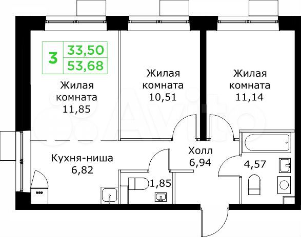 3-к. квартира, 53,7 м², 6/25 эт.