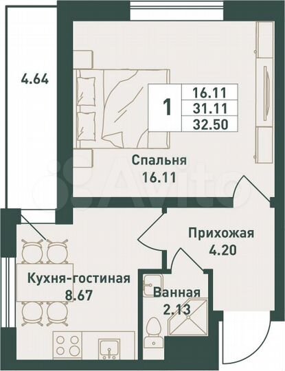 1-к. квартира, 32,5 м², 11/16 эт.