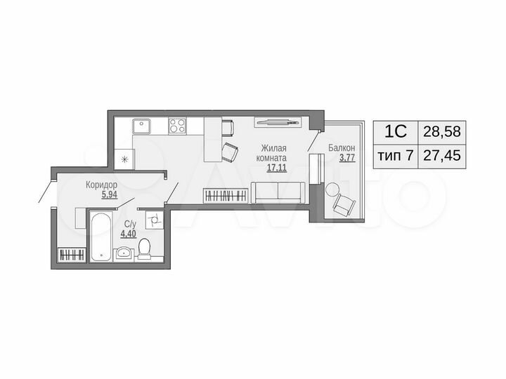 Квартира-студия, 28,6 м², 2/16 эт.