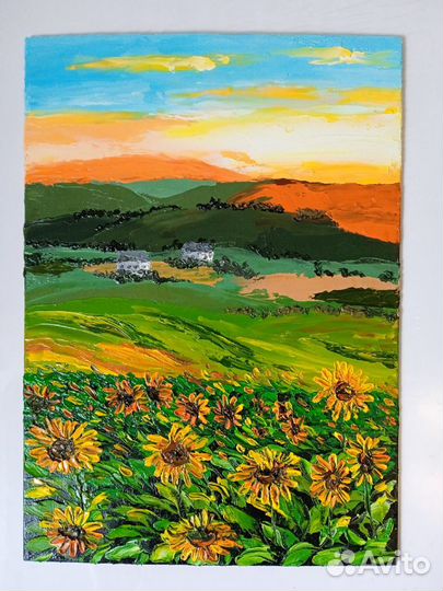 Картина маслом пейзаж Подсолнухи и закат. Мастихин
