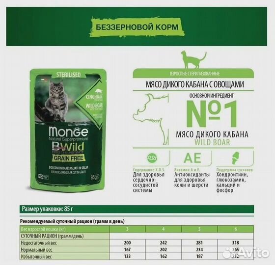 Влажный корм Monge для стер.кошек,дикий кабан и ов