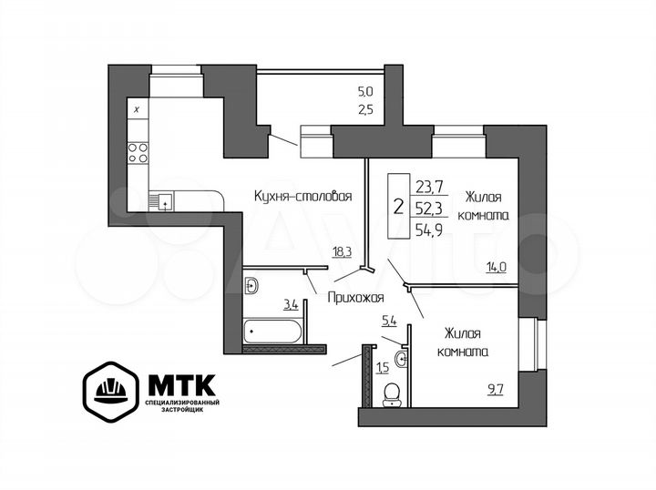 2-к. квартира, 54,9 м², 8/8 эт.