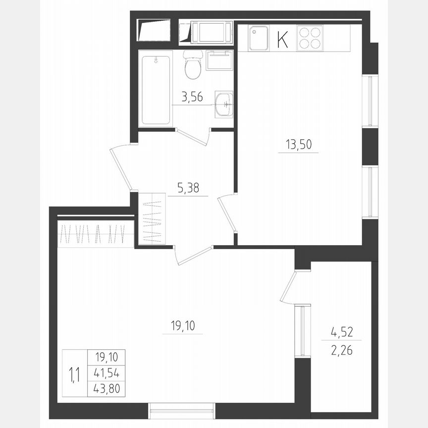 1-к. квартира, 43,8 м², 2/8 эт.