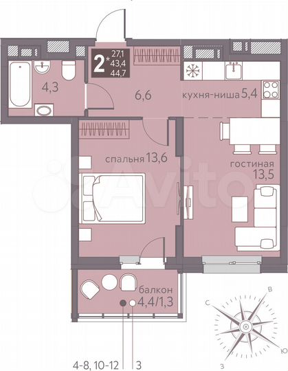 2-к. квартира, 44,7 м², 4/16 эт.