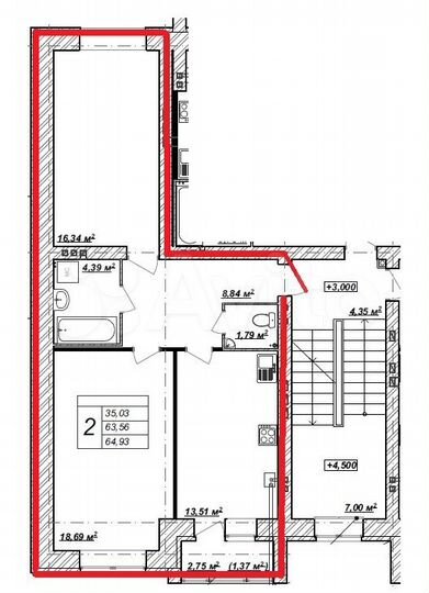 2-к. квартира, 64,4 м², 4/4 эт.