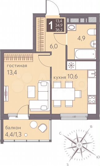 1-к. квартира, 36,2 м², 8/16 эт.