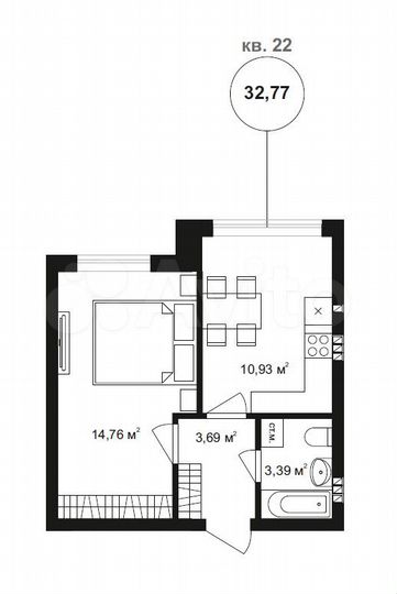 1-к. квартира, 32,8 м², 2/4 эт.