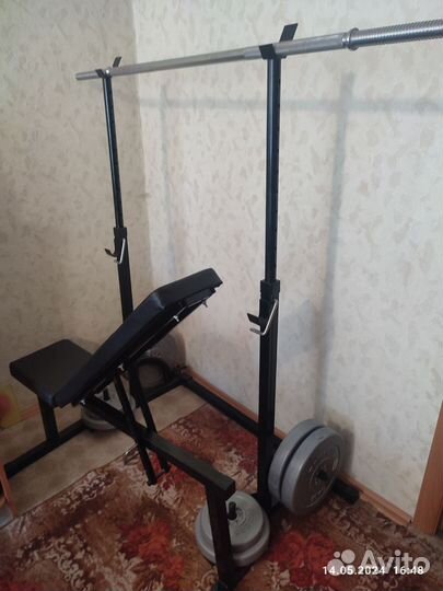 Стойка для штанги,скамья,гриф,блины,бу