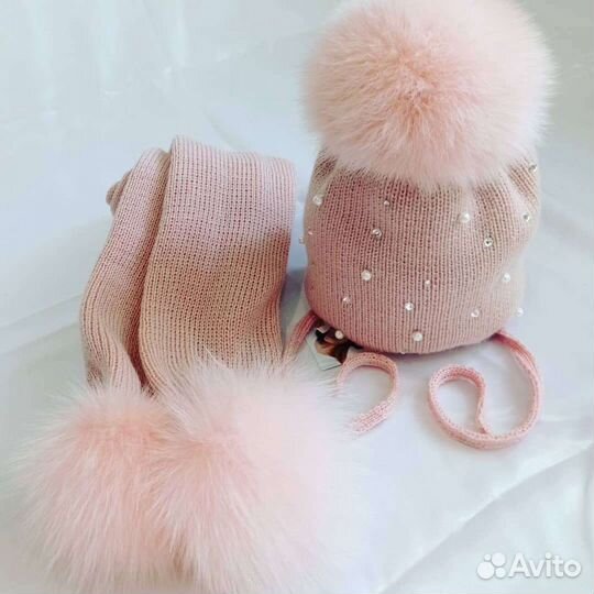 Шапка с шарфом, натуральный мех