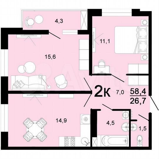 2-к. квартира, 58,4 м², 7/8 эт.