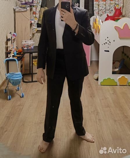 Костюм черный в клетку приталенный шерсть 48/182