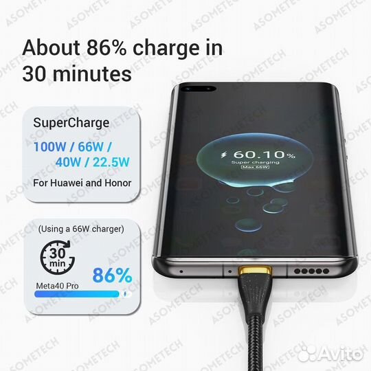 3in1 USB кабель 6A 100W, 2 метра, новый