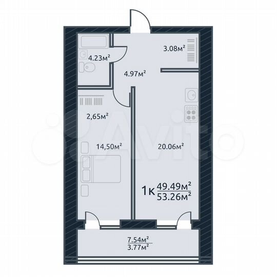 1-к. квартира, 53,3 м², 3/10 эт.